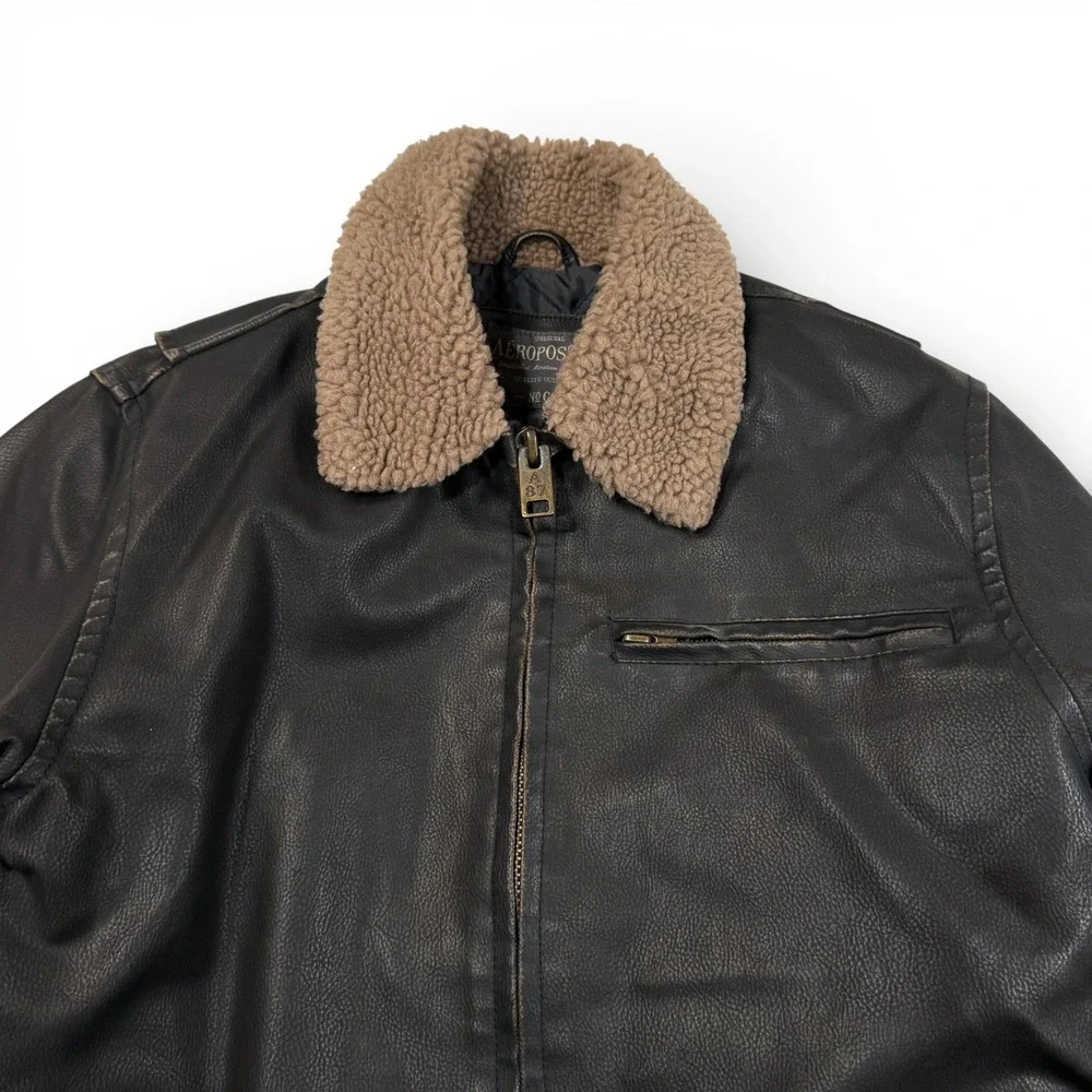 Aeropostale Faux Vegan Leather Jacket Sherpa Collar Brown Mens Small Bomber‎